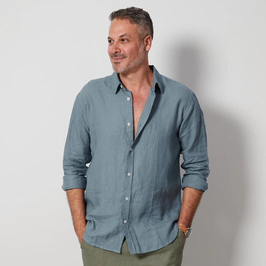 Lake Blue Men’s Linen Shirt, European Flax Button-Up, Breathable Long Sleeve Shirt,