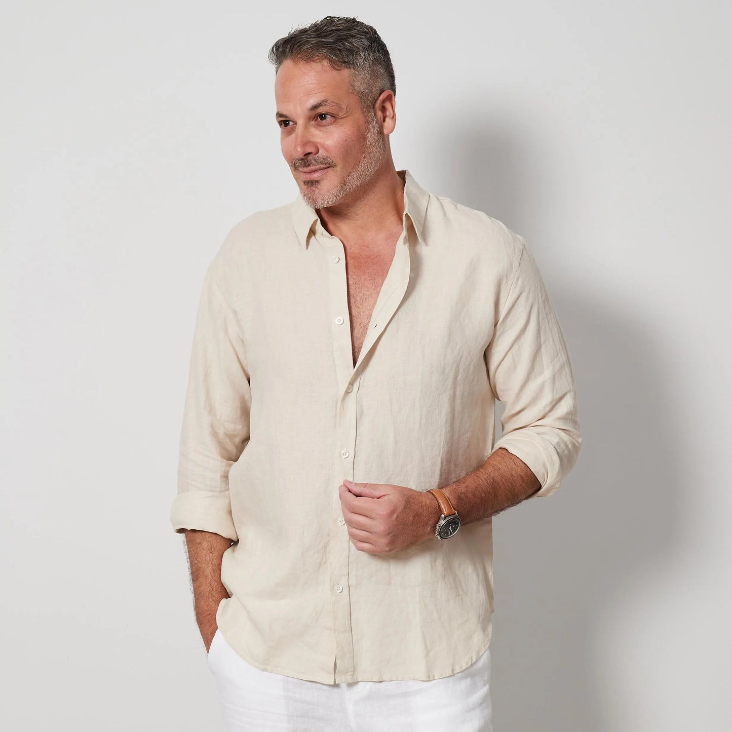Men’s Desert Linen Shirt, European Flax Button-Up, Relaxed Long Sleeve Shirt