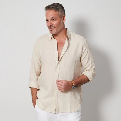 Men’s Desert Linen Shirt, European Flax Button-Up, Relaxed Long Sleeve Shirt