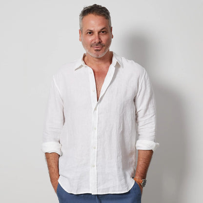 White Men’s Linen Shirt, European Flax Button-Up, Long Sleeve Summer Shirt