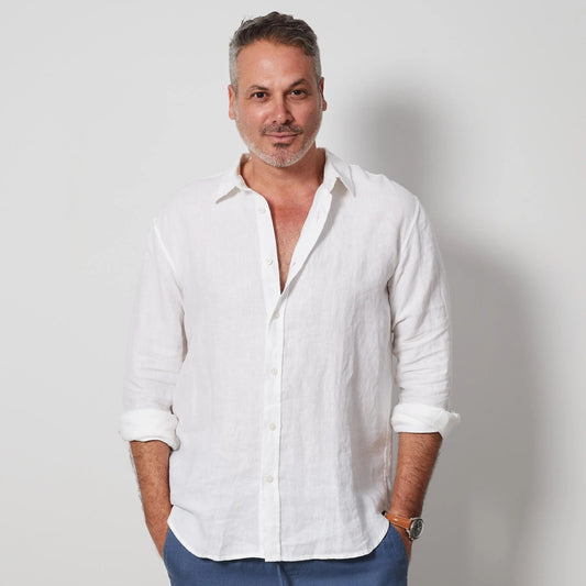 White Men’s Linen Shirt, European Flax Button-Up, Long Sleeve Summer Shirt
