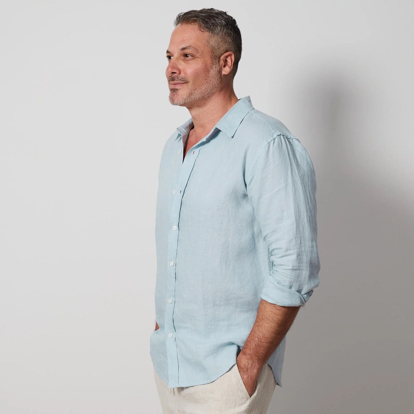 Light Blue Men’s Linen Shirt, European Flax Button-Up, Long Sleeve Summer Shirt