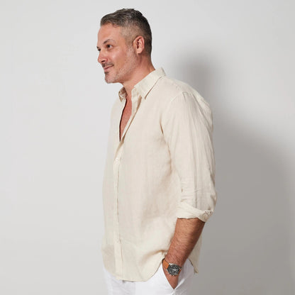 Men’s Desert Linen Shirt, European Flax Button-Up, Relaxed Long Sleeve Shirt
