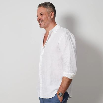 White Men’s Linen Shirt, European Flax Button-Up, Long Sleeve Summer Shirt