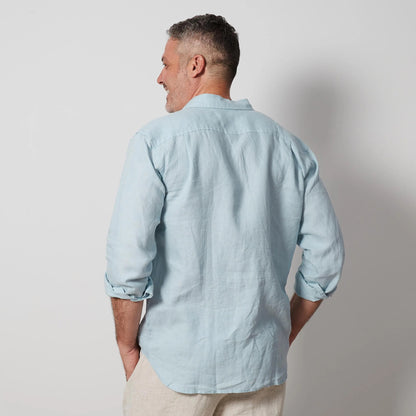 Light Blue Men’s Linen Shirt, European Flax Button-Up, Long Sleeve Summer Shirt