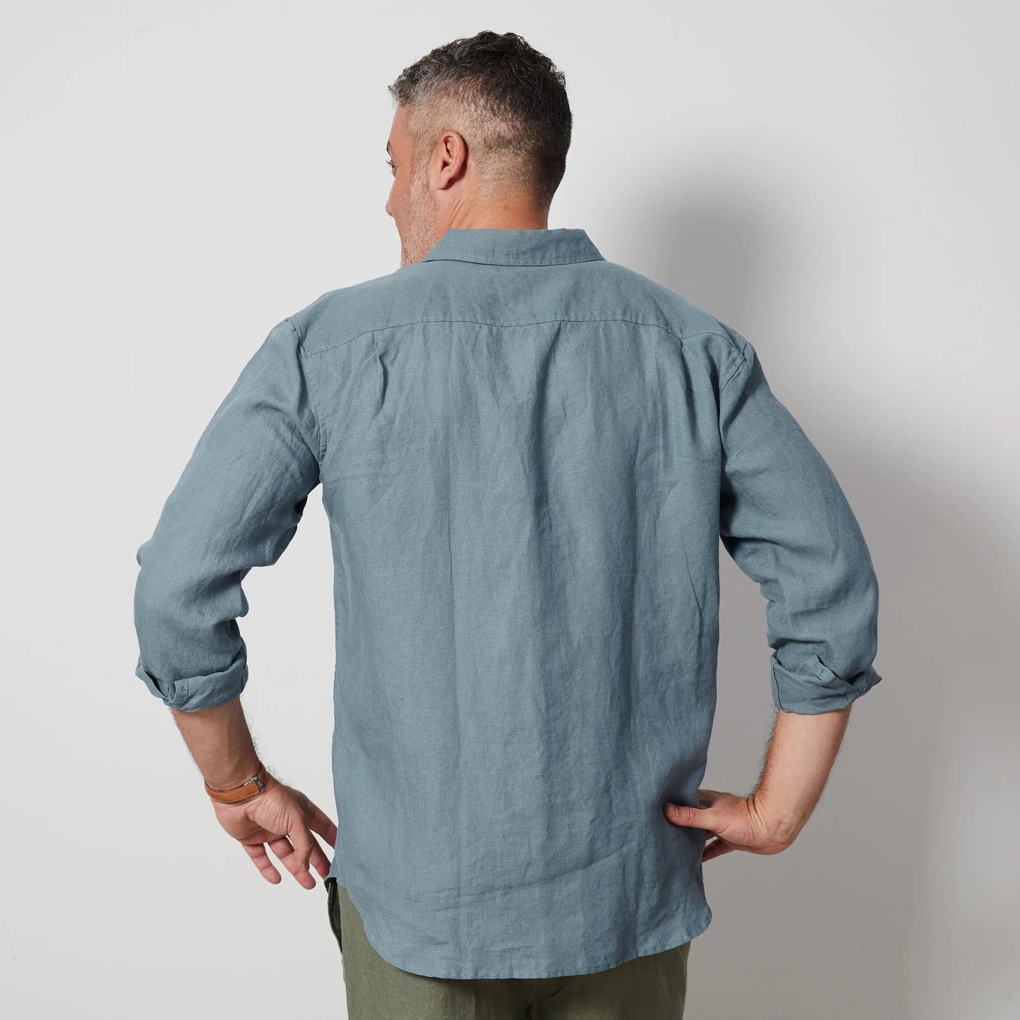 Lake Blue Men’s Linen Shirt, European Flax Button-Up, Breathable Long Sleeve Shirt,