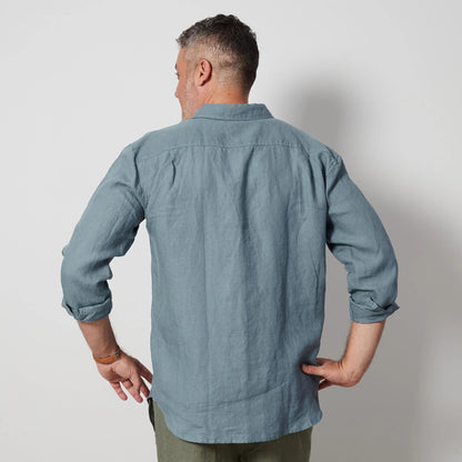 Lake Blue Men’s Linen Shirt, European Flax Button-Up, Breathable Long Sleeve Shirt,