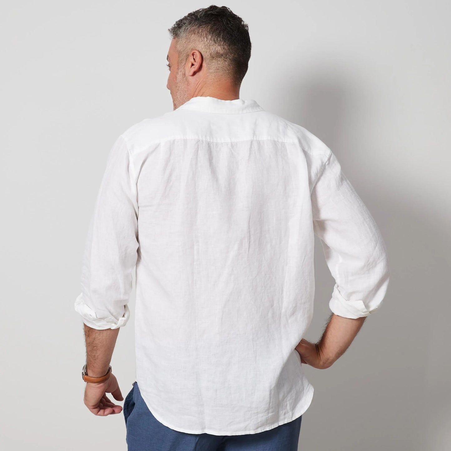 White Men’s Linen Shirt, European Flax Button-Up, Long Sleeve Summer Shirt
