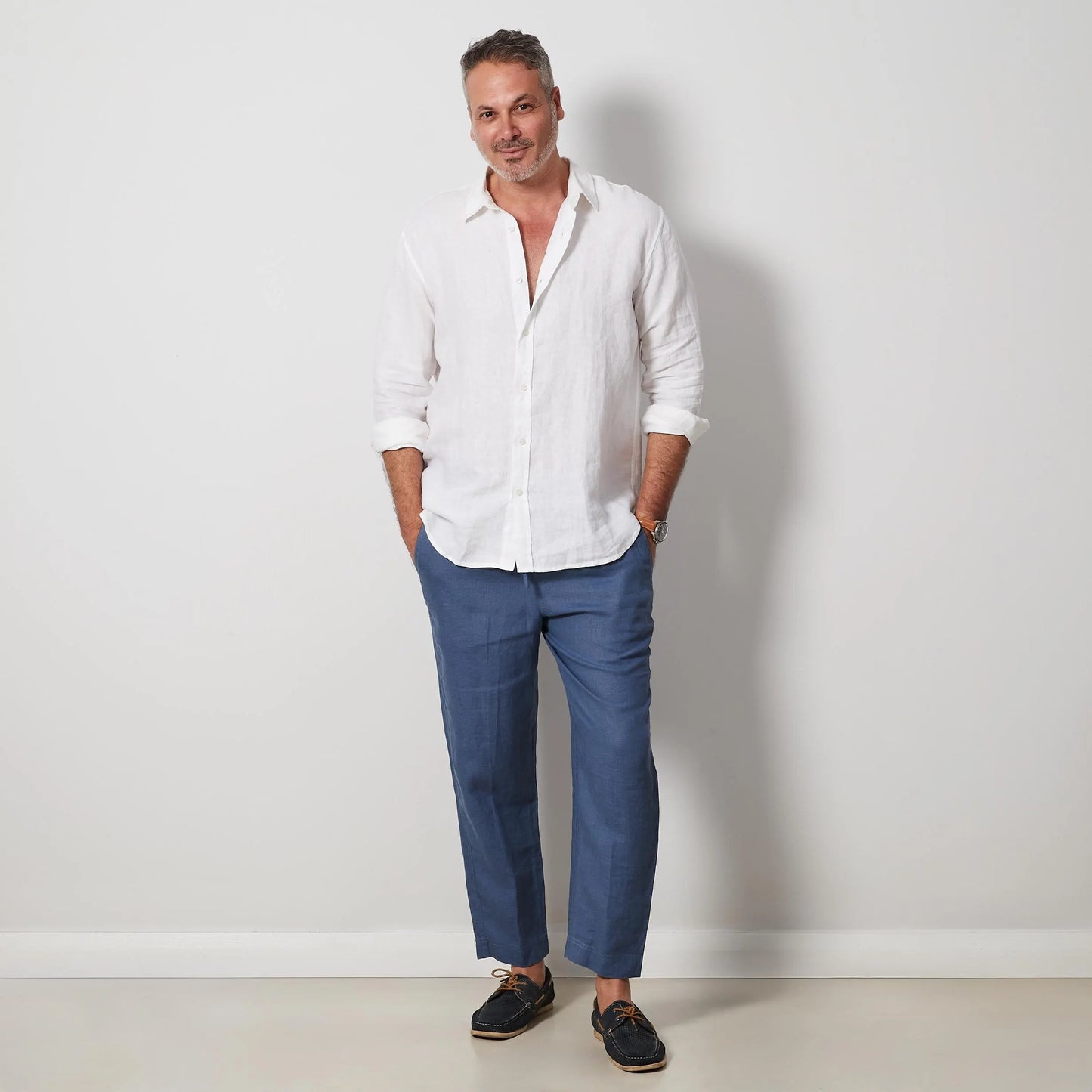 White Men’s Linen Shirt, European Flax Button-Up, Long Sleeve Summer Shirt