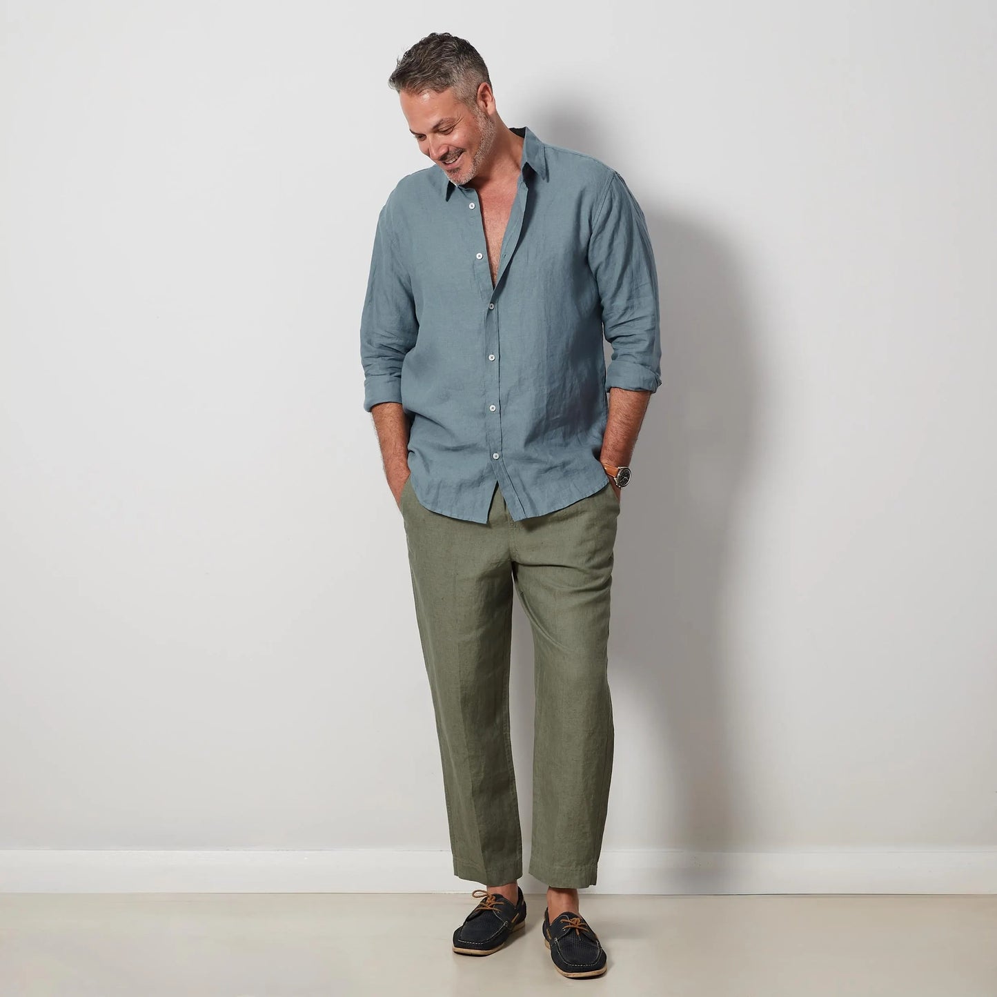 Lake Blue Men’s Linen Shirt, European Flax Button-Up, Breathable Long Sleeve Shirt,